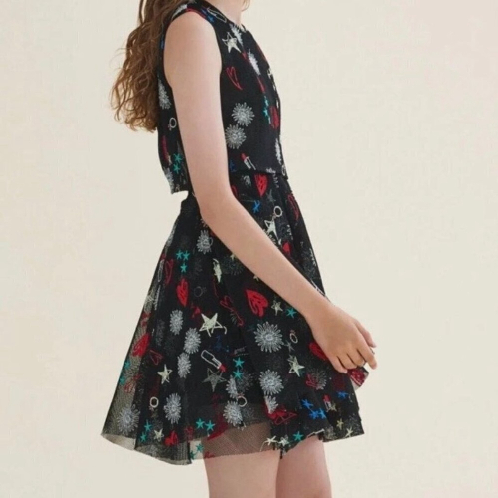 Maje Rachel Black Mesh Mini Dress - Embroidered Hearts & Lipsticks, Size S small